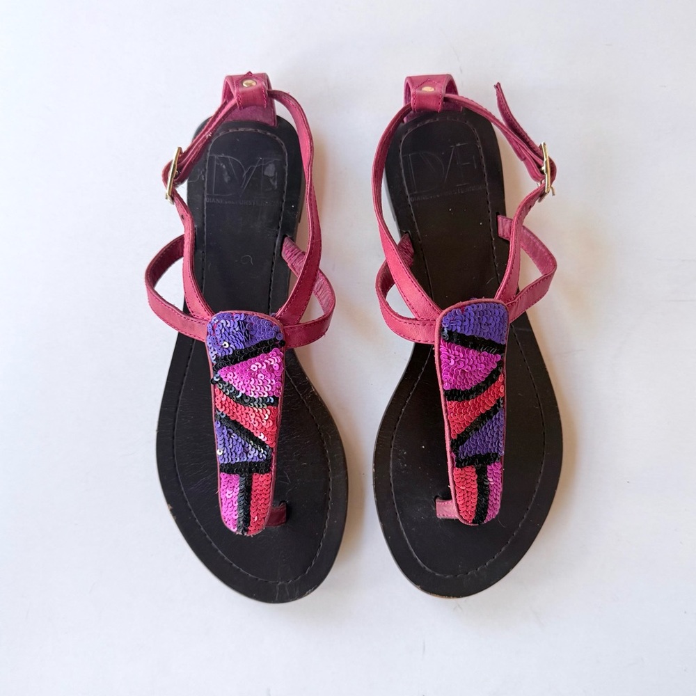DVF Diane Von Furstenberg Sequin Gladiator Thong Sandals Pink Purple 5.5